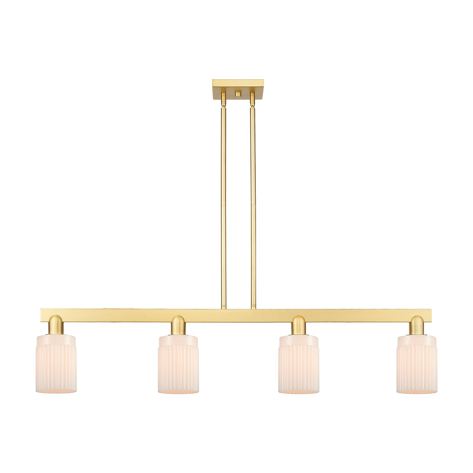 Innovations Hadley 47in 4-Light Island Light | Industrial Satin Gold Steel and Matte White Glass | Kitchen Island & Dining Room | Model 716-4I-SG-G341
