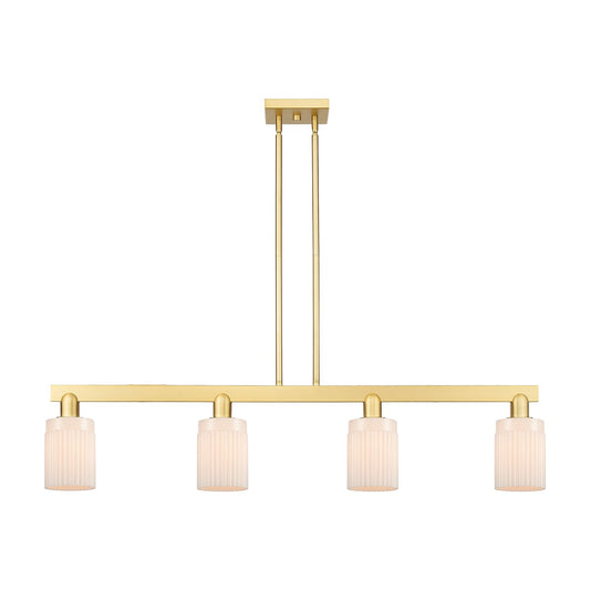 Innovations Hadley 47in 4-Light Island Light | Industrial Satin Gold Steel and Matte White Glass | Kitchen Island & Dining Room | Model 716-4I-SG-G341