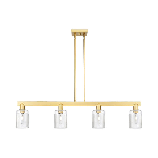 Innovations Hadley 47in 4-Light Island Light | Industrial Satin Gold Steel and Clear Ribbed Glass | Kitchen Island & Dining Room | Model 716-4I-SG-G342