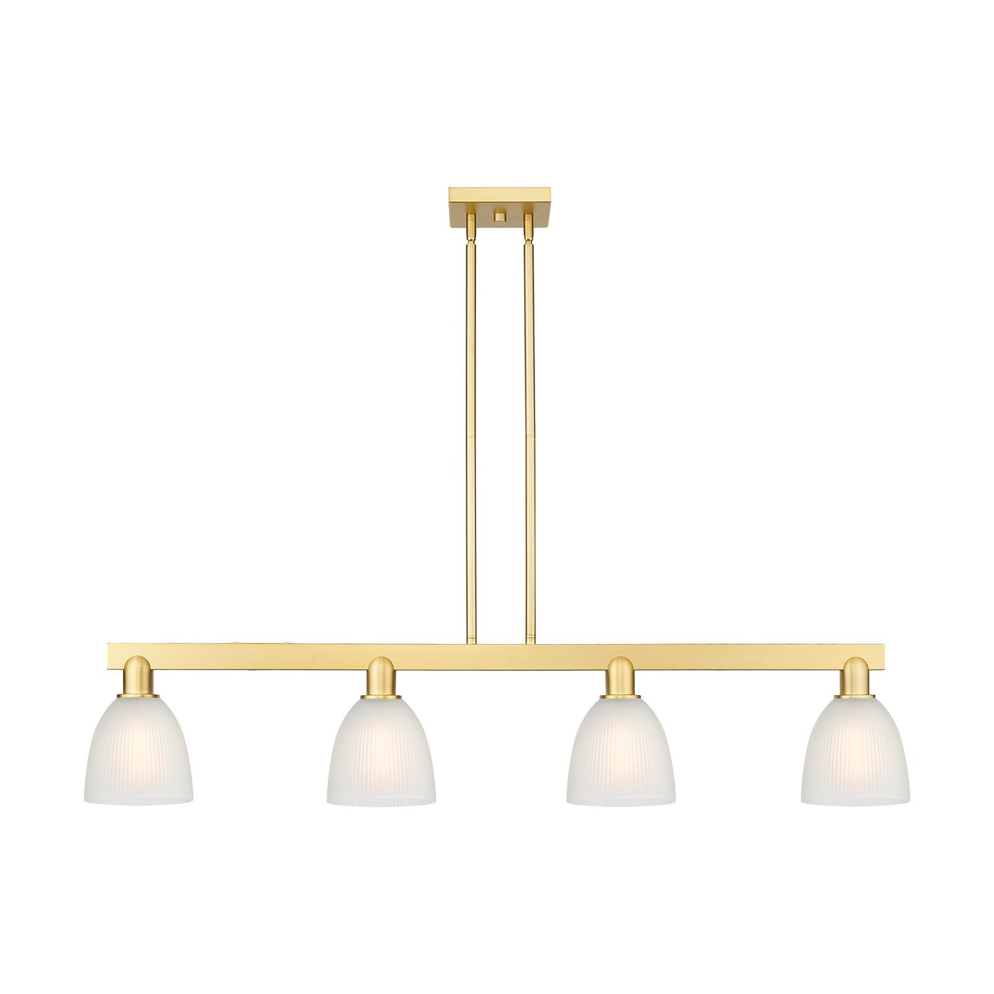 Innovations Castile 49in 4-Light Island Light | Industrial Satin Gold Steel and White Glass | Kitchen Island & Dining Room | Model 716-4I-SG-G381