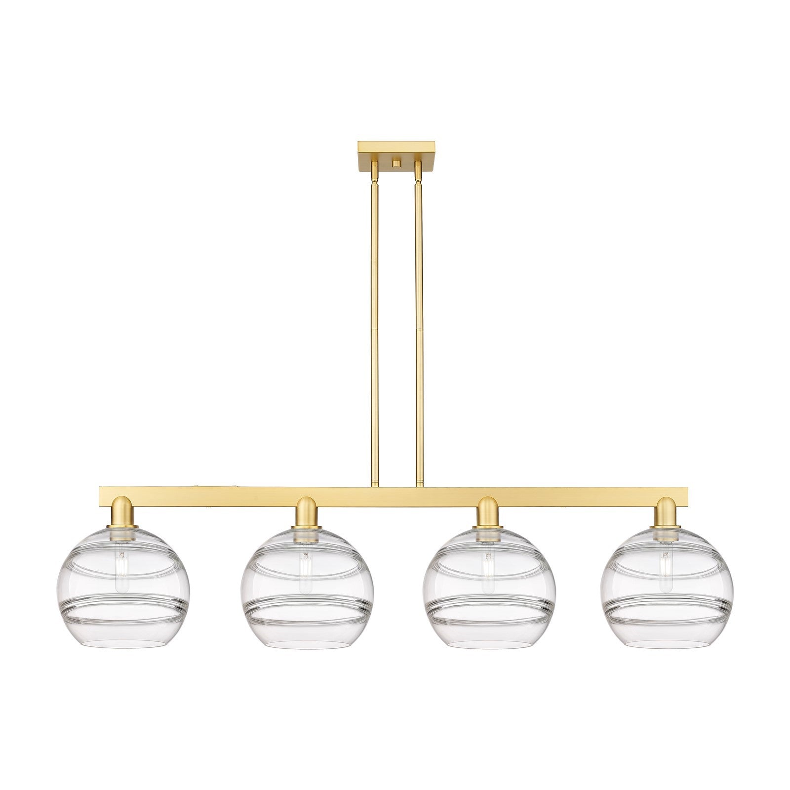 Innovations Rochester 53in 4-Light Island Light | Industrial Satin Gold Steel and Clear Glass | Kitchen Island & Dining Room | Model 716-4I-SG-G556-10CL