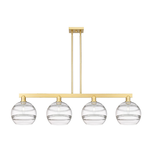 Innovations Rochester 53in 4-Light Island Light | Industrial Satin Gold Steel and Clear Glass | Kitchen Island & Dining Room | Model 716-4I-SG-G556-10CL