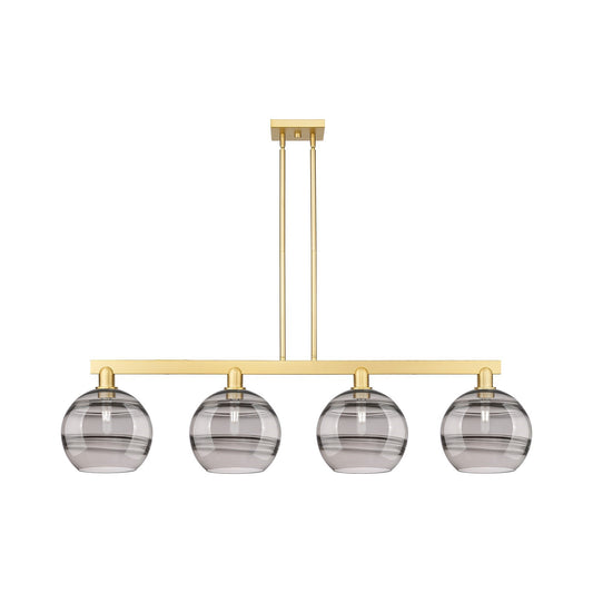 Innovations Rochester 53in 4-Light Island Light | Industrial Satin Gold Steel and Cast Brass with Light Smoke Glass | Kitchen | Model 716-4I-SG-G556-10SM