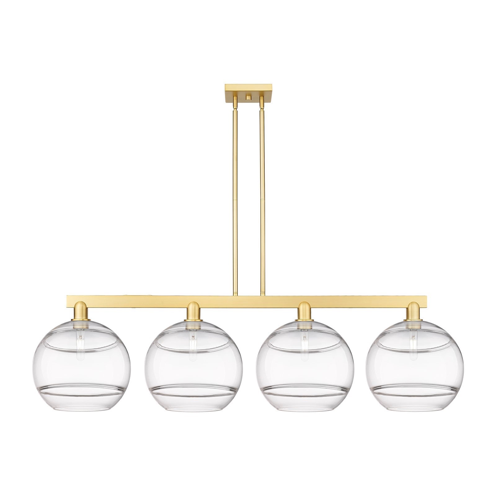 Innovations Rochester 55in 4-Light Island Light | Industrial Satin Gold Steel and Clear Glass | Kitchen Island & Dining Room | Model 716-4I-SG-G556-12CL