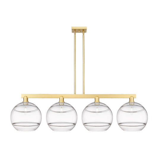 Innovations Rochester 55in 4-Light Island Light | Industrial Satin Gold Steel and Clear Glass | Kitchen Island & Dining Room | Model 716-4I-SG-G556-12CL