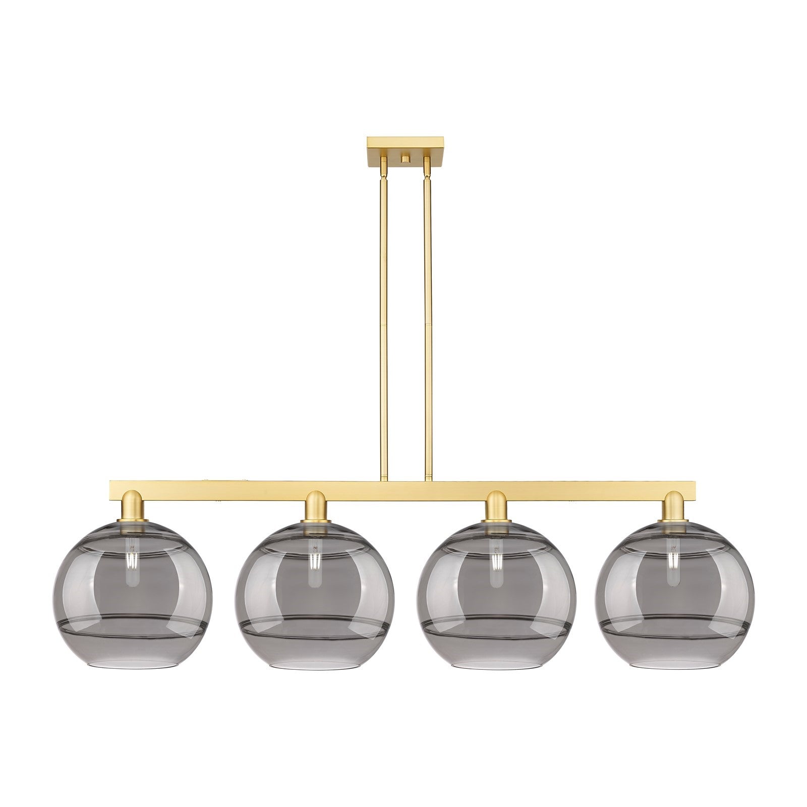 Innovations Rochester 55in 4-Light Island Light | Industrial Satin Gold Steel and Cast Brass with Light Smoke Glass | Kitchen | Model 716-4I-SG-G556-12SM