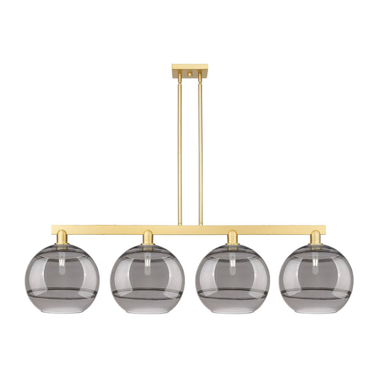 Innovations Rochester 55in 4-Light Island Light | Industrial Satin Gold Steel and Cast Brass with Light Smoke Glass | Kitchen | Model 716-4I-SG-G556-12SM