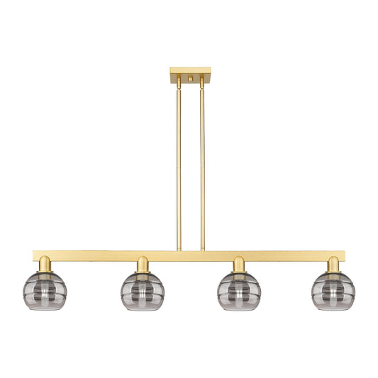 Innovations Rochester 49in 4-Light Island Light | Industrial Satin Gold Steel and Light Smoke Glass | Kitchen Island & Dining | Model 716-4I-SG-G556-6SM