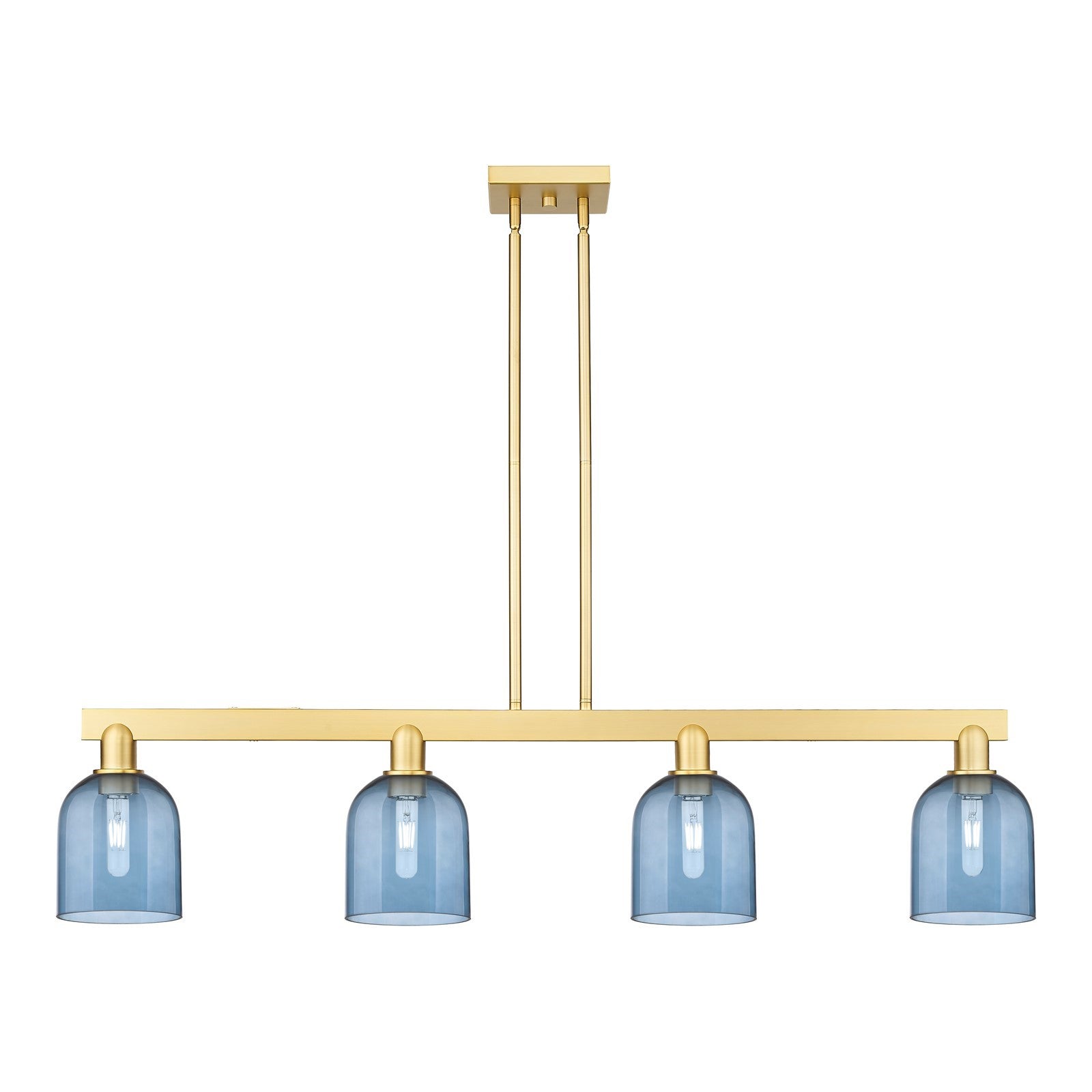 Innovations Bella 48in 4-Light Island Light | Industrial Satin Gold Steel and Blue Glass | Kitchen Island & Dining Room | Model 716-4I-SG-G558-6BL