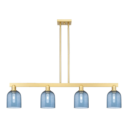 Innovations Bella 48in 4-Light Island Light | Industrial Satin Gold Steel and Blue Glass | Kitchen Island & Dining Room | Model 716-4I-SG-G558-6BL