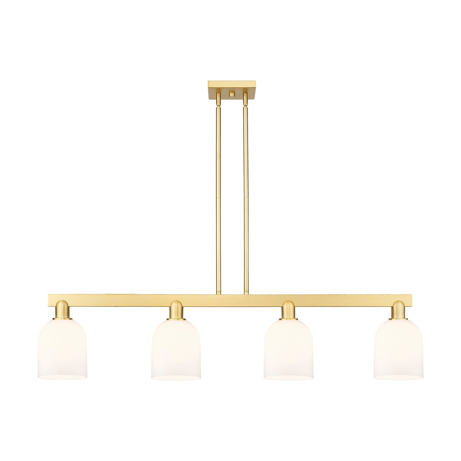 Innovations Bella 48in 4-Light Island Light | Industrial Satin Gold Steel and White Glass | Kitchen Island & Dining Room | Model 716-4I-SG-G558-6GWH