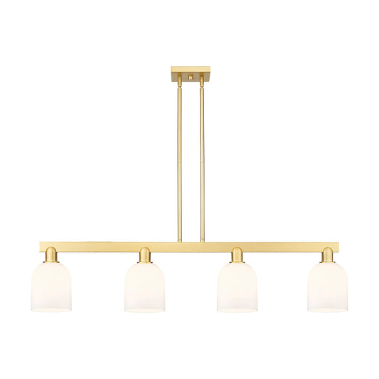 Innovations Bella 48in 4-Light Island Light | Industrial Satin Gold Steel and White Glass | Kitchen Island & Dining Room | Model 716-4I-SG-G558-6GWH