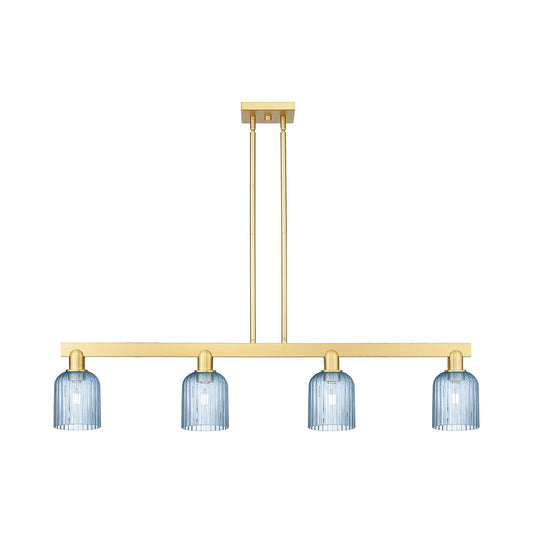 Innovations Bridal Veil 48in 4-Light Island Light | Industrial Satin Gold Steel and Princess Blue Ribbed Glass | Kitchen Island | Model 716-4I-SG-G559-5BL