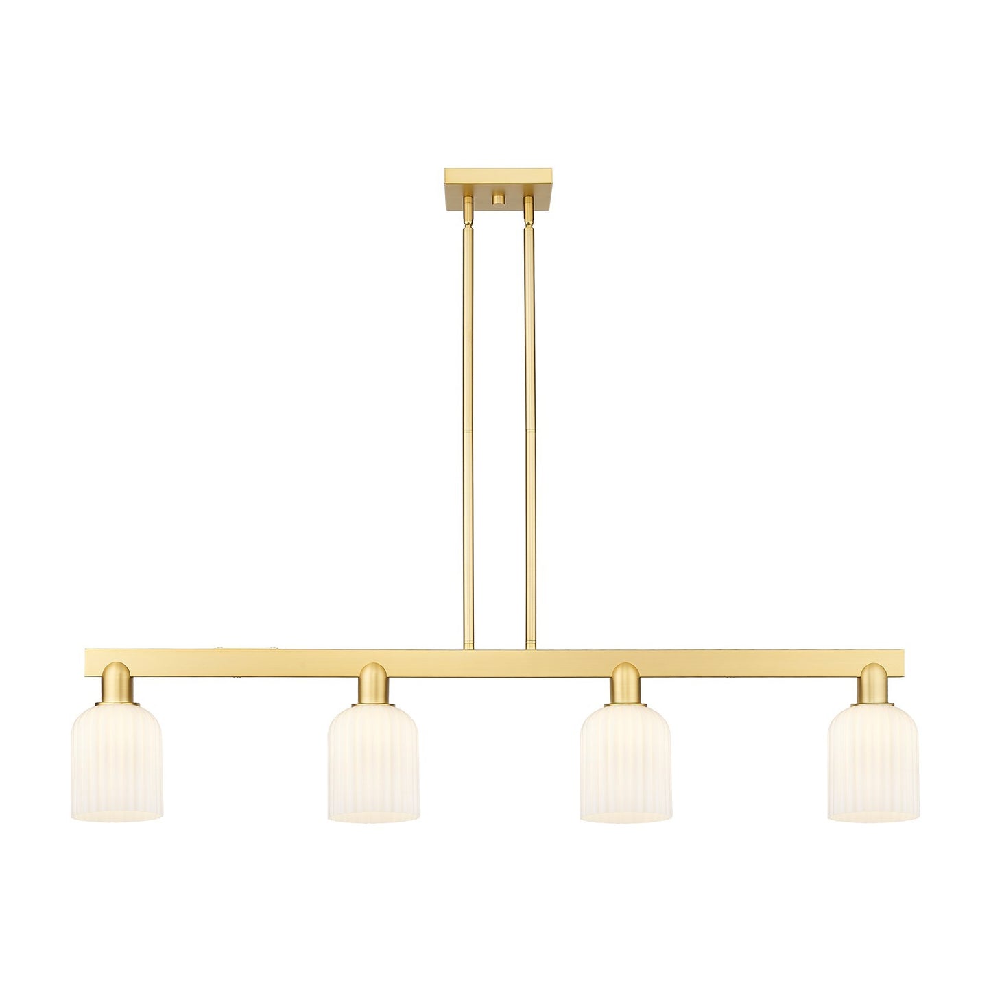 Innovations Bridal Veil 48in 4-Light Island Light | Industrial Satin Gold Steel and Gloss White Ribbed Glass | Kitchen Island | Model 716-4I-SG-G559-5GWH