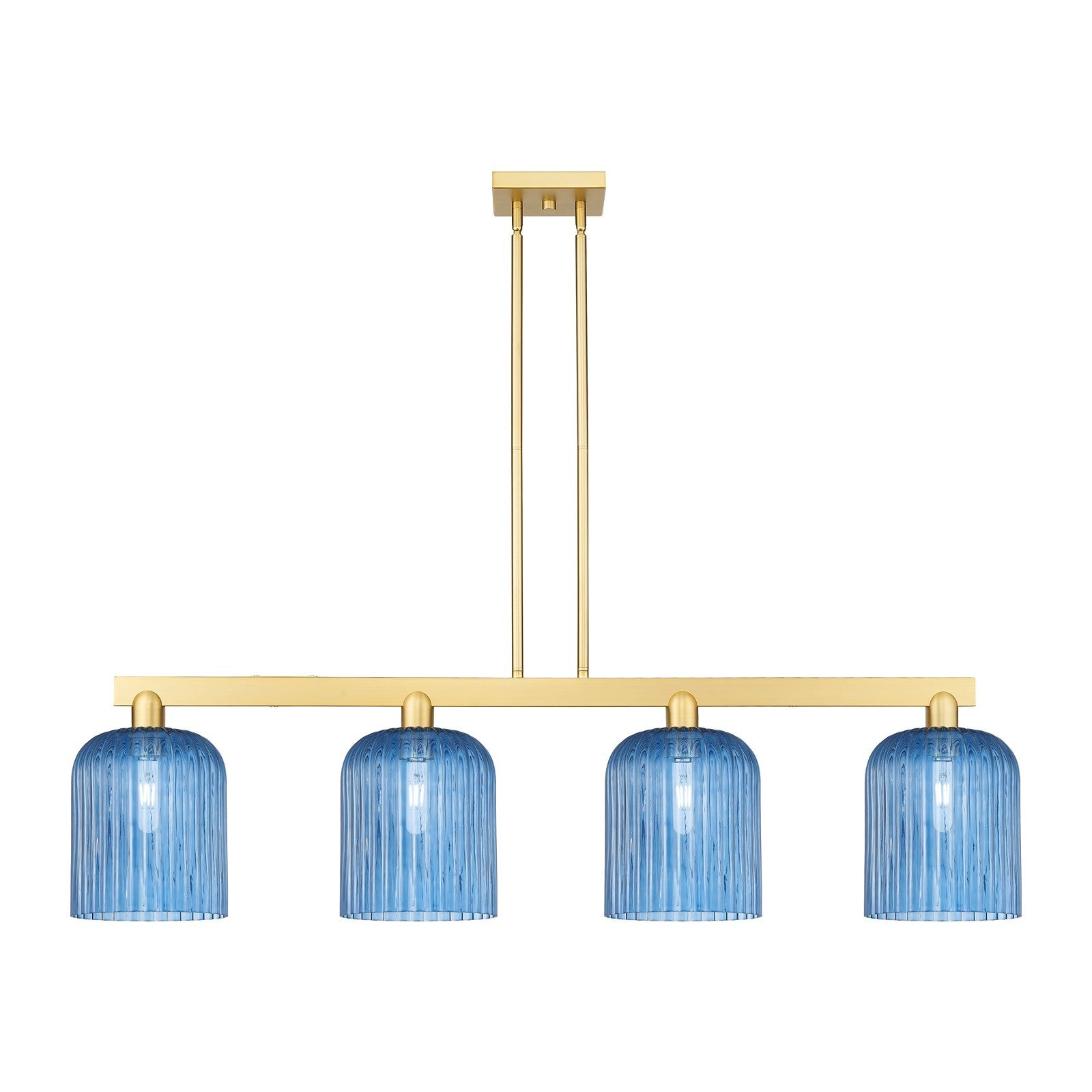 Innovations Bridal Veil 51in 4-Light Island Light | Industrial Satin Gold Steel and Princess Blue Ribbed Glass | Kitchen Island | Model 716-4I-SG-G559-8BL