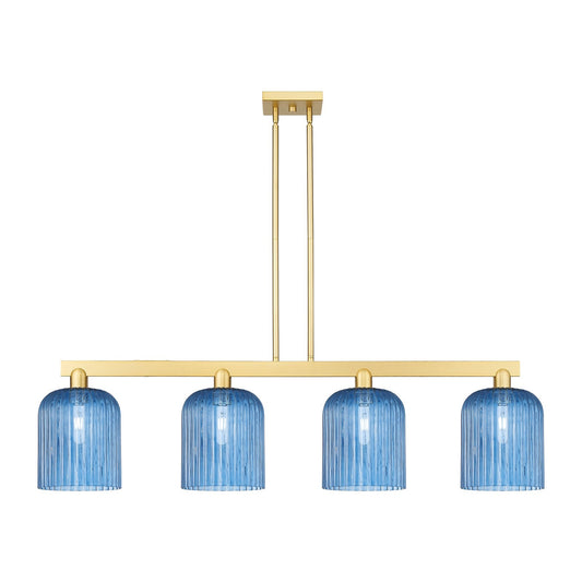 Innovations Bridal Veil 51in 4-Light Island Light | Industrial Satin Gold Steel and Princess Blue Ribbed Glass | Kitchen Island | Model 716-4I-SG-G559-8BL