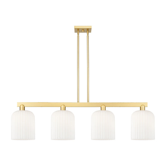 Innovations Bridal Veil 51in 4-Light Island Light | Industrial Satin Gold Steel and Gloss White Ribbed Glass | Kitchen Island | Model 716-4I-SG-G559-8GWH