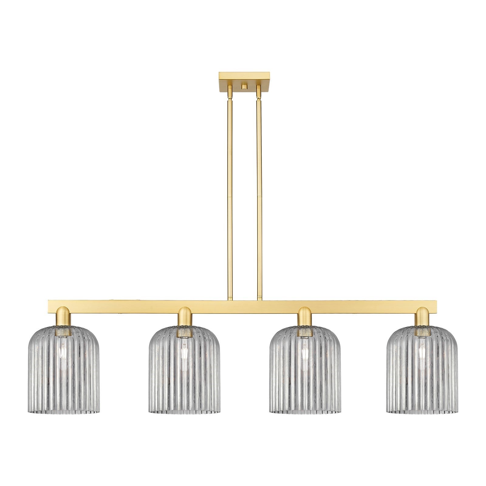 Innovations Bridal Veil 51in 4-Light Island Light | Industrial Satin Gold Steel and Cast Brass with Light Smoke Ribbed Glass | Model 716-4I-SG-G559-8SM