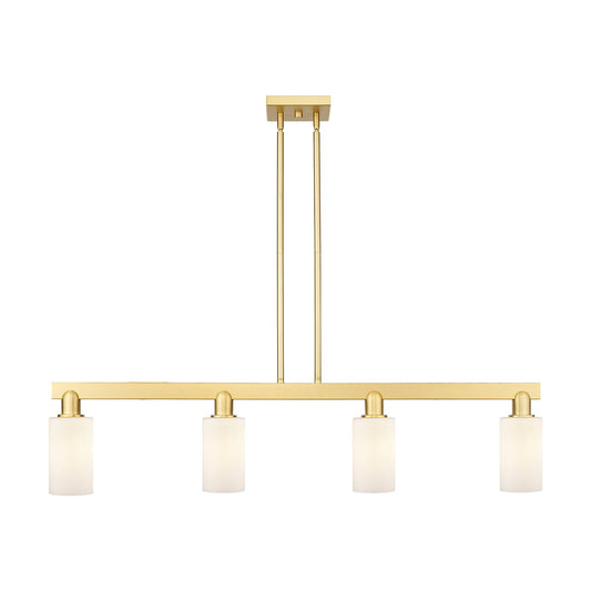 Innovations Clymer 47in 4-Light Island Light | Industrial Satin Gold Steel and Matte White Glass | Kitchen Island & Dining Room | Model 716-4I-SG-G801