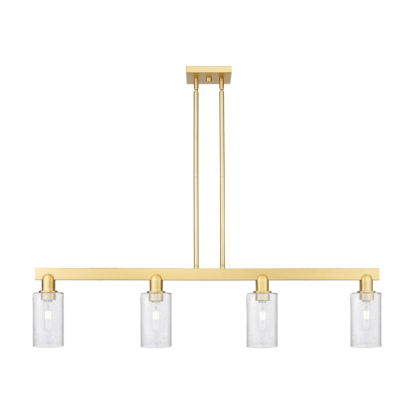 Innovations Clymer 47in 4-Light Island Light | Industrial Satin Gold Steel and Seedy Glass | Kitchen Island & Dining Room | Model 716-4I-SG-G804