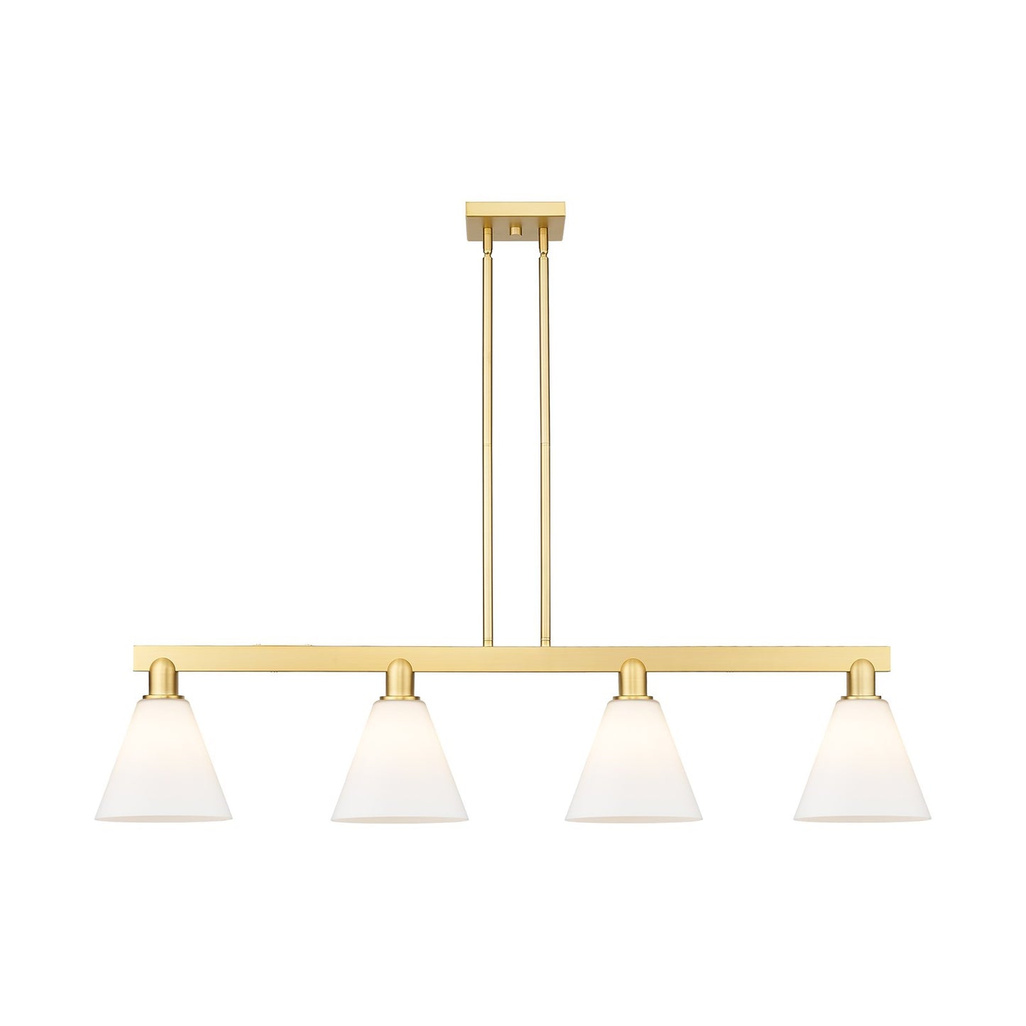 Innovations Berkshire Glass 51in 4-Light Island Light | Industrial Satin Gold Steel and Matte White Glass | Kitchen Island & | Model 716-4I-SG-GBC-81