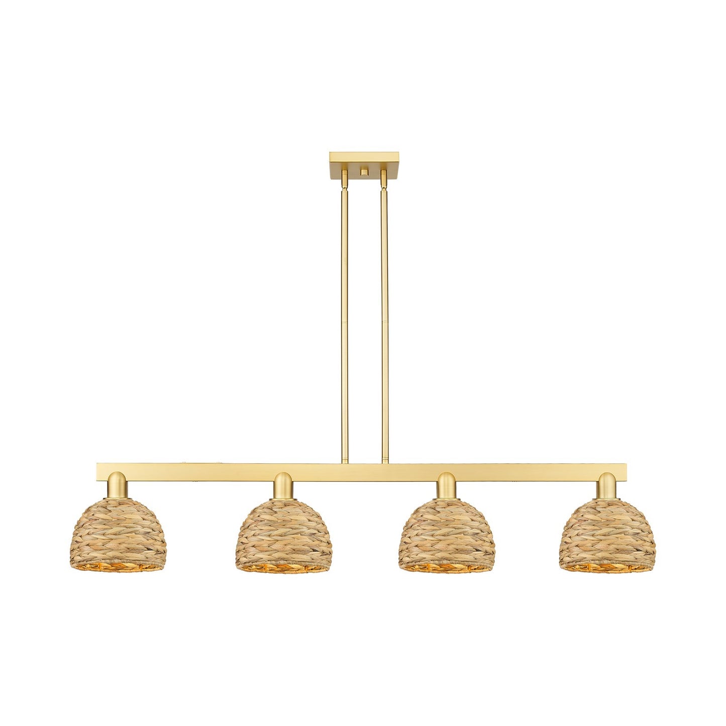 Innovations Woven Rattan 51in 4-Light Island Light | Industrial Satin Gold Steel and Natural Fiber Dome Shade | Kitchen Island | Model 716-4I-SG-RBD-8-NAT
