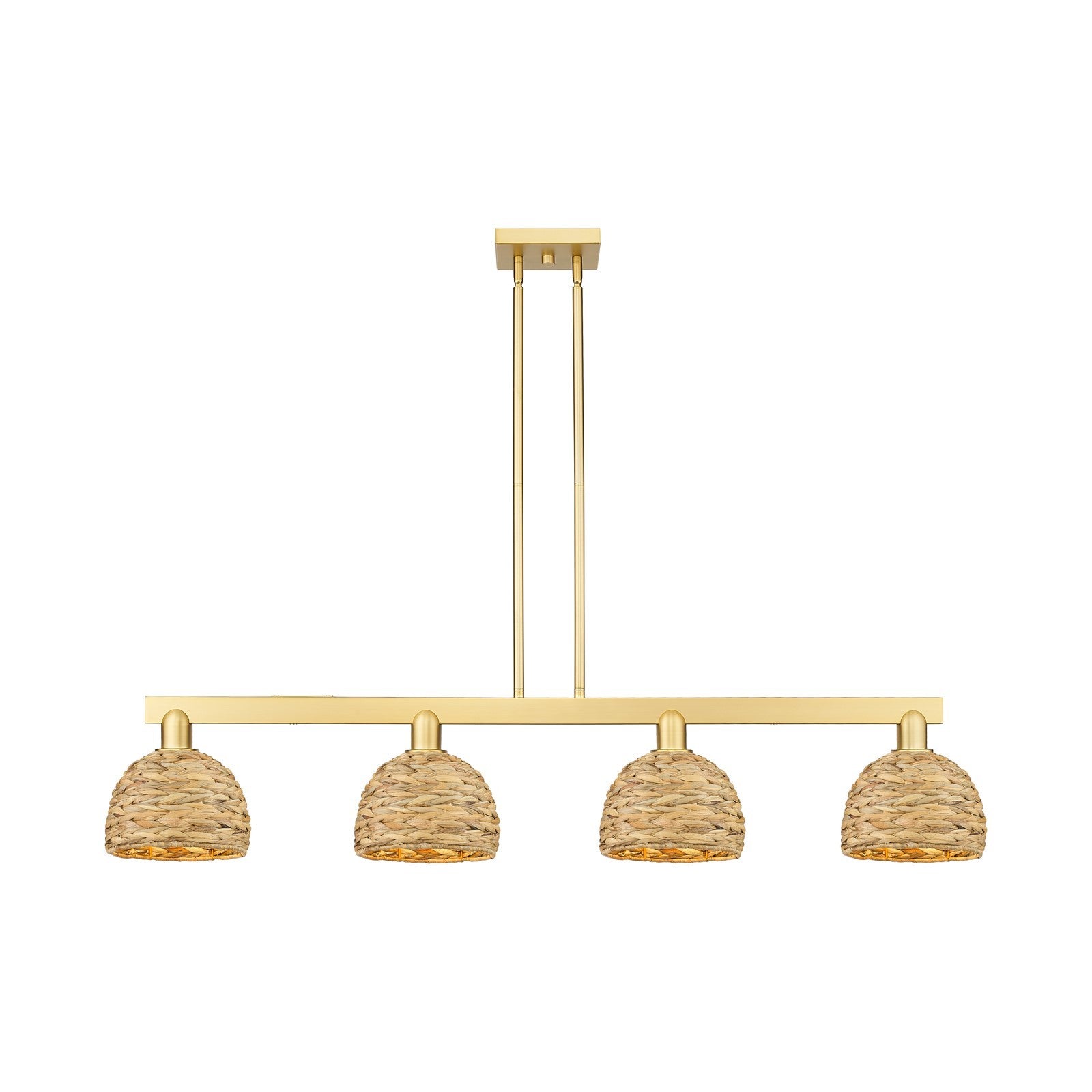 Innovations Woven Rattan 51in 4-Light Island Light | Industrial Satin Gold Steel and Natural Fiber Dome Shade | Kitchen Island | Model 716-4I-SG-RBD-8-NAT