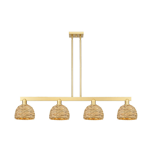 Innovations Woven Rattan 51in 4-Light Island Light | Industrial Satin Gold Steel and Natural Fiber Dome Shade | Kitchen Island | Model 716-4I-SG-RBD-8-NAT