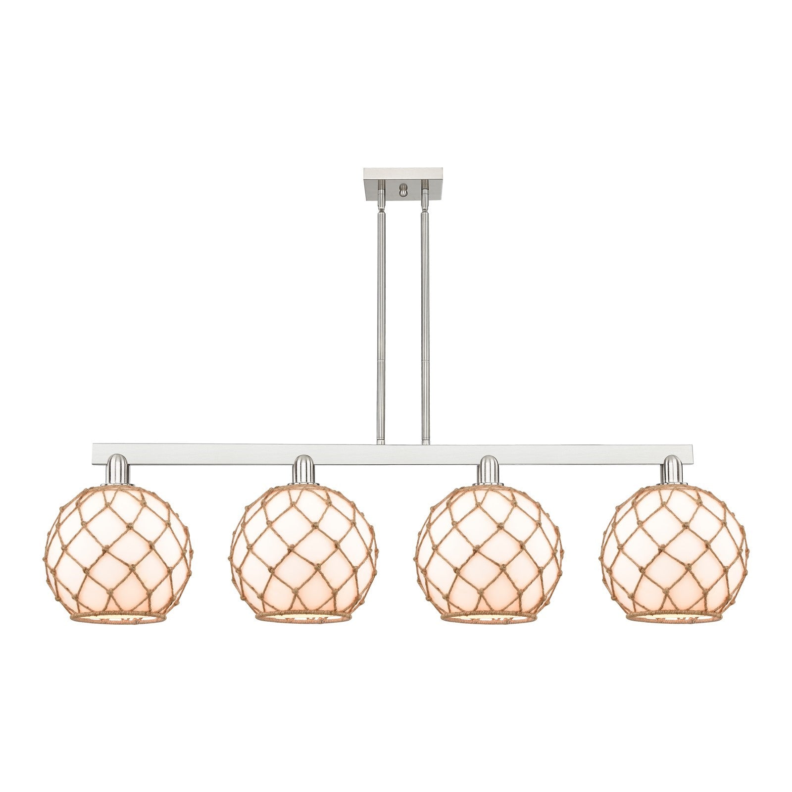 Innovations Farmhouse Rope 53in 4-Light Island Light | Industrial Brushed Satin Nickel and Matte White Glass with Brown Rope | Model 716-4I-SN-G121-10RB