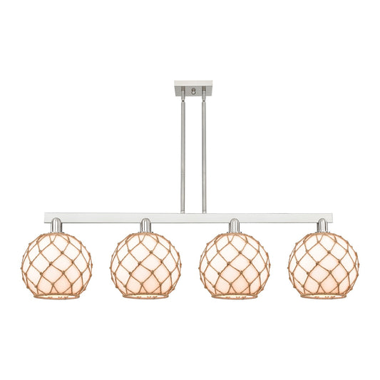Innovations Farmhouse Rope 53in 4-Light Island Light | Industrial Brushed Satin Nickel and Matte White Glass with Brown Rope | Model 716-4I-SN-G121-10RB