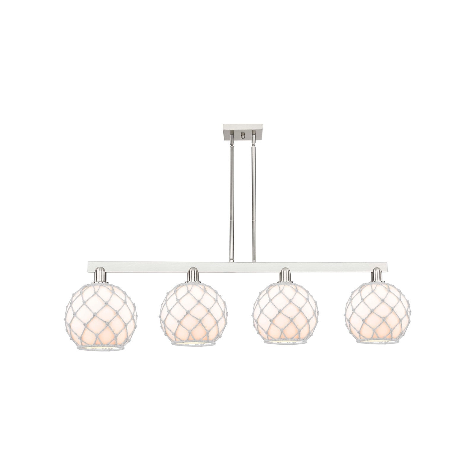 Innovations Farmhouse Rope 53in 4-Light Island Light | Industrial Brushed Satin Nickel Steel and White Glass with Rope | Model 716-4I-SN-G121-10RW