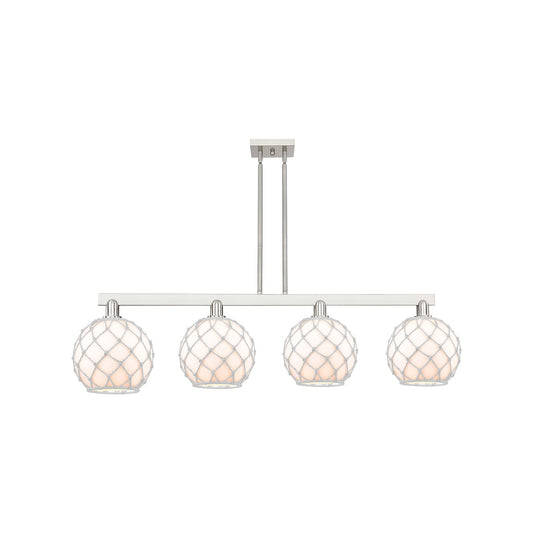 Innovations Farmhouse Rope 53in 4-Light Island Light | Industrial Brushed Satin Nickel Steel and White Glass with Rope | Model 716-4I-SN-G121-10RW