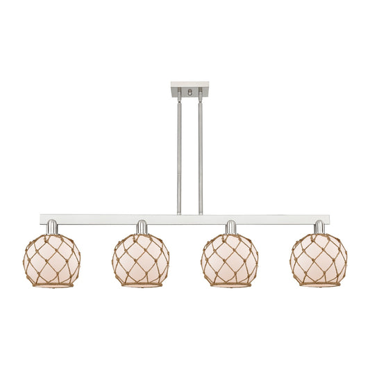 Innovations Farmhouse Rope 51in 4-Light Island Light | Industrial Brushed Satin Nickel and White Glass with Brown Rope | Model 716-4I-SN-G121-8RB
