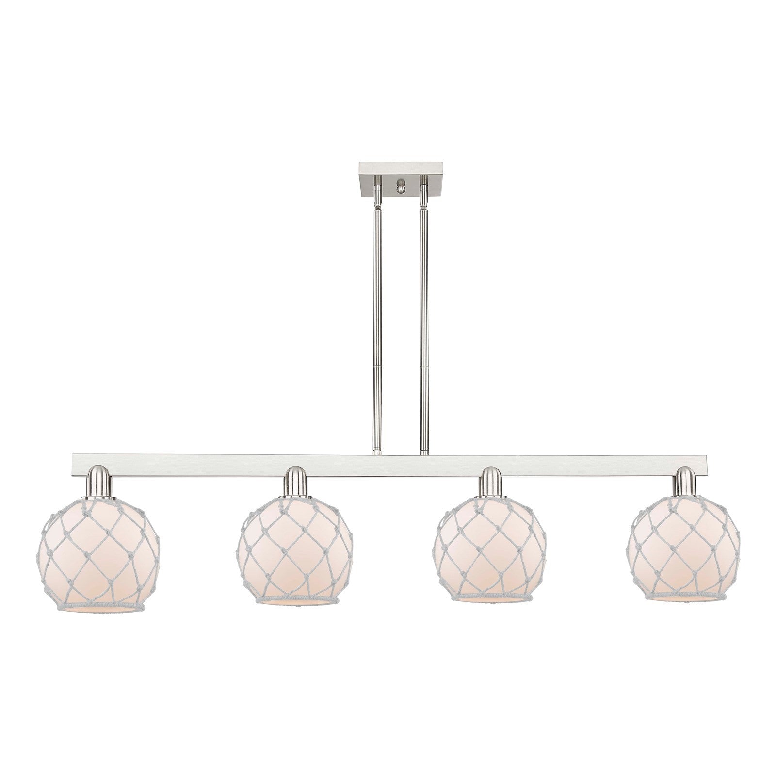 Innovations Farmhouse Rope 51in 4-Light Island Light | Industrial Brushed Satin Nickel and White Frosted Glass with Rope | Model 716-4I-SN-G121-8RW