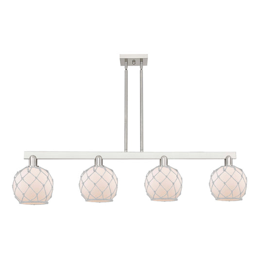 Innovations Farmhouse Rope 51in 4-Light Island Light | Industrial Brushed Satin Nickel and White Frosted Glass with Rope | Model 716-4I-SN-G121-8RW