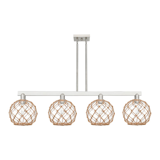 Innovations Farmhouse Rope 53in 4-Light Island Light | Industrial Brushed Satin Nickel Steel and Clear Glass with Brown Rope | Model 716-4I-SN-G122-10RB