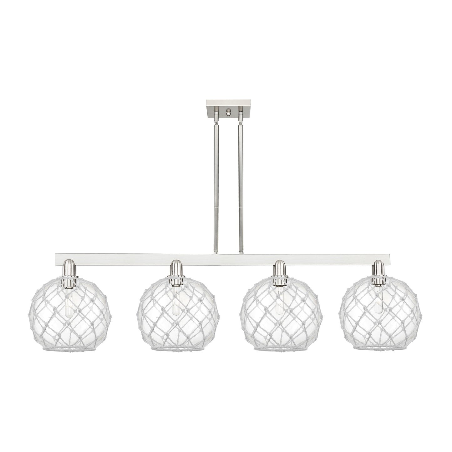 Innovations Farmhouse Rope 53in 4-Light Island Light | Industrial Brushed Satin Nickel and Clear Glass with White Rope | Model 716-4I-SN-G122-10RW