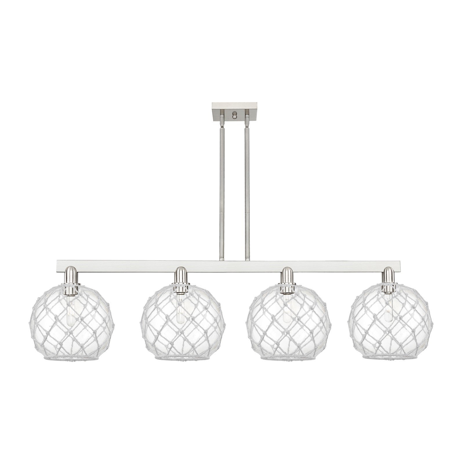Innovations Farmhouse Rope 53in 4-Light Island Light | Industrial Brushed Satin Nickel and Clear Glass with White Rope | Model 716-4I-SN-G122-10RW