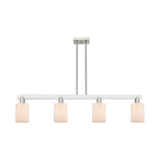 Innovations Hadley 47in 4-Light Island Light | Industrial Brushed Satin Nickel Steel and Matte White Ribbed Glass | Kitchen Island | Model 716-4I-SN-G341
