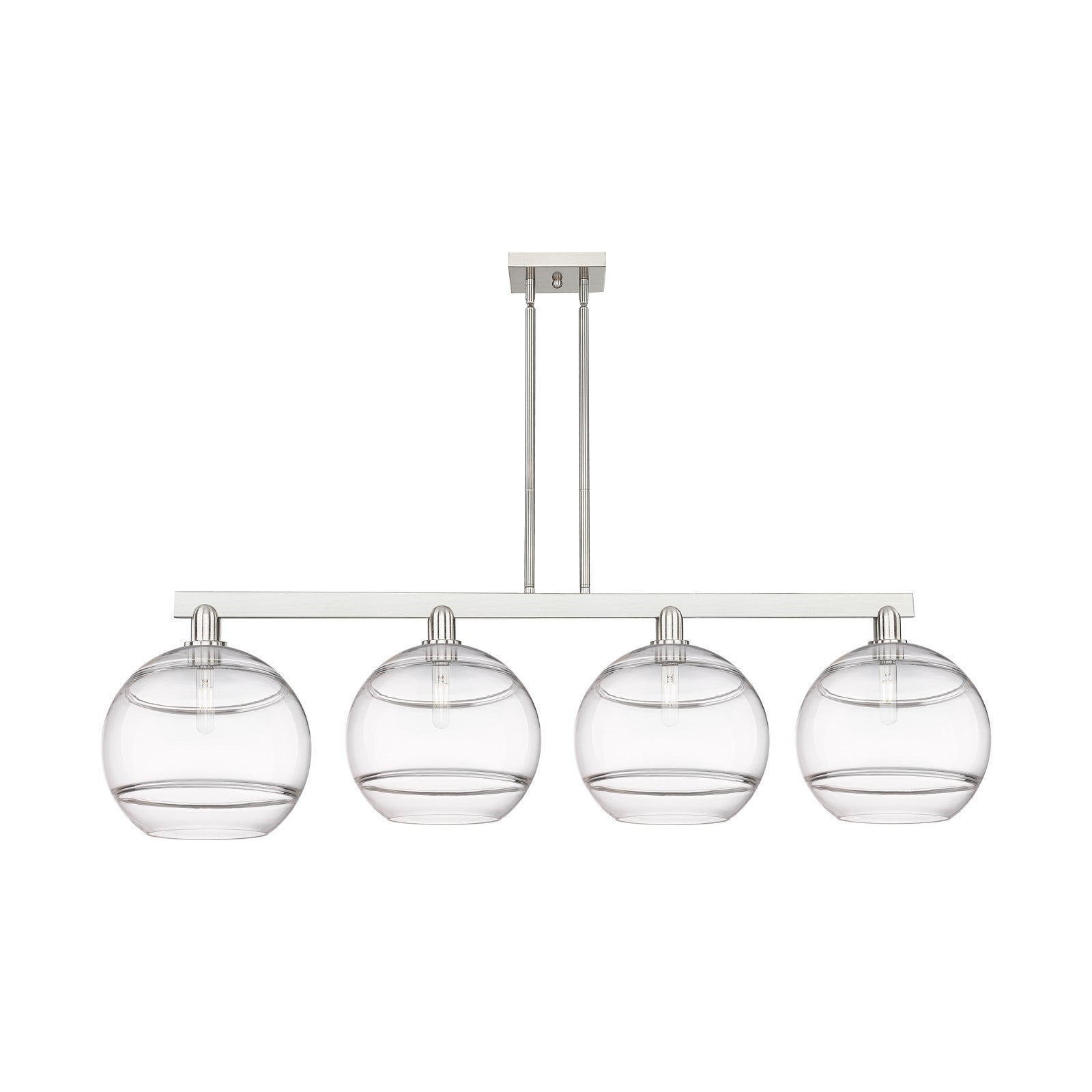 Innovations Rochester 55in 4-Light Island Light | Industrial Brushed Satin Nickel and Clear Glass | Kitchen Island & Dining | Model 716-4I-SN-G556-12CL