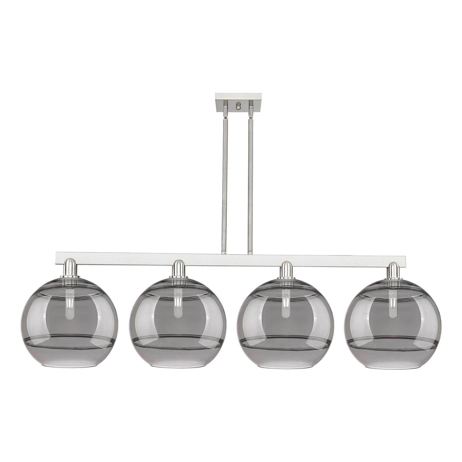Innovations Rochester 55in 4-Light Island Light | Industrial Brushed Satin Nickel and Light Smoke Glass | Kitchen Island & | Model 716-4I-SN-G556-12SM
