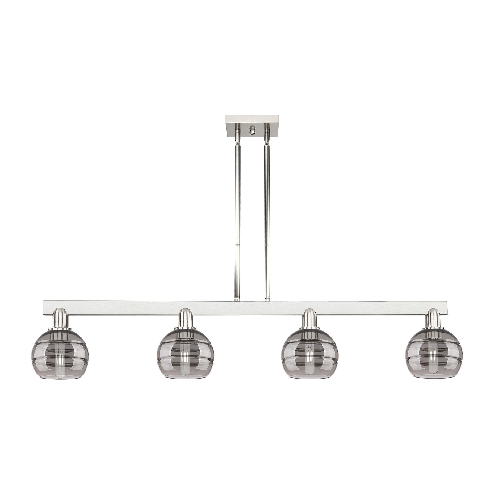 Innovations Rochester 49in 4-Light Island Light | Industrial Brushed Satin Nickel and Light Smoke Glass | Kitchen Island & | Model 716-4I-SN-G556-6SM