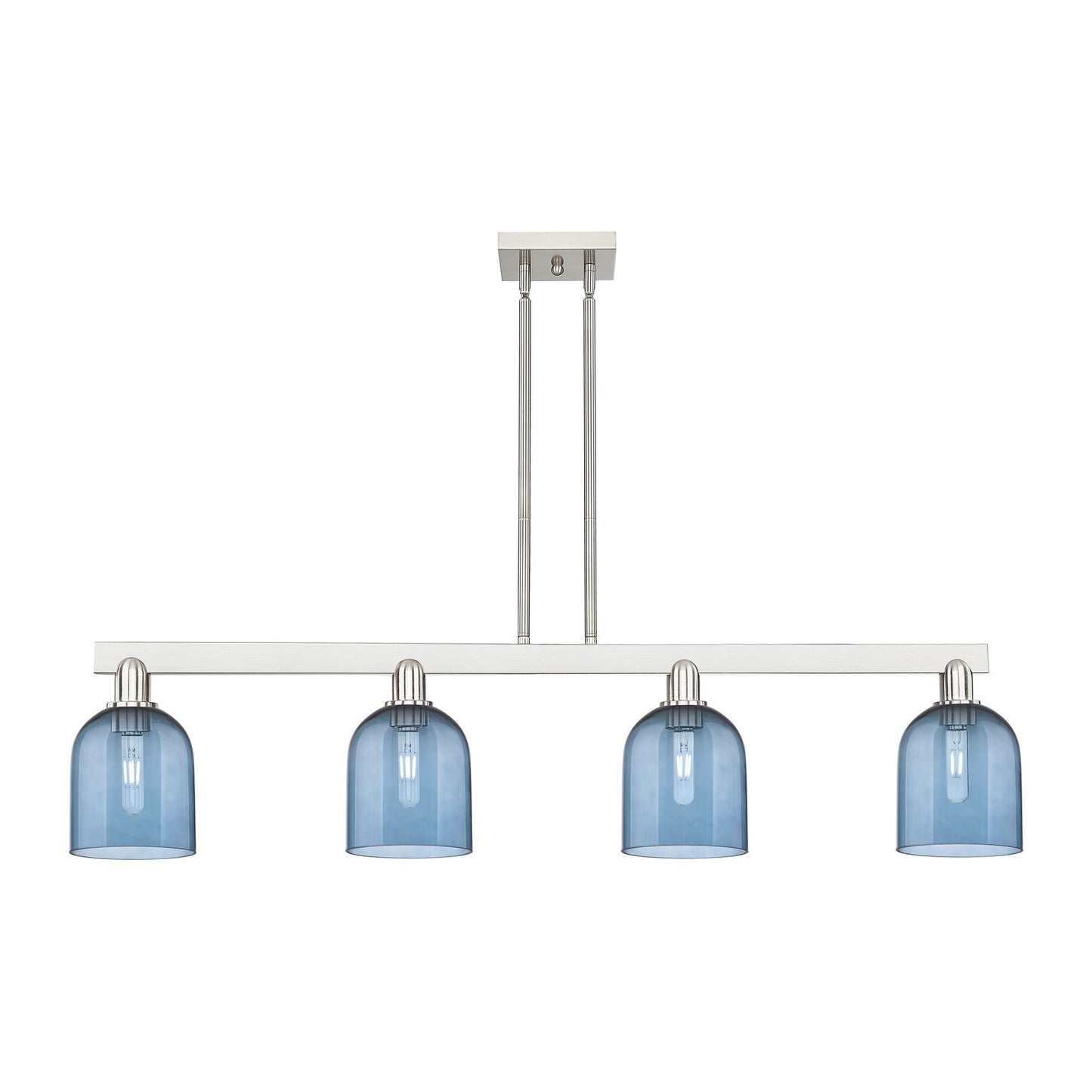 Innovations Bella 48in 4-Light Island Light | Industrial Brushed Satin Nickel and Blue Glass | Kitchen Island & Dining Room | Model 716-4I-SN-G558-6BL