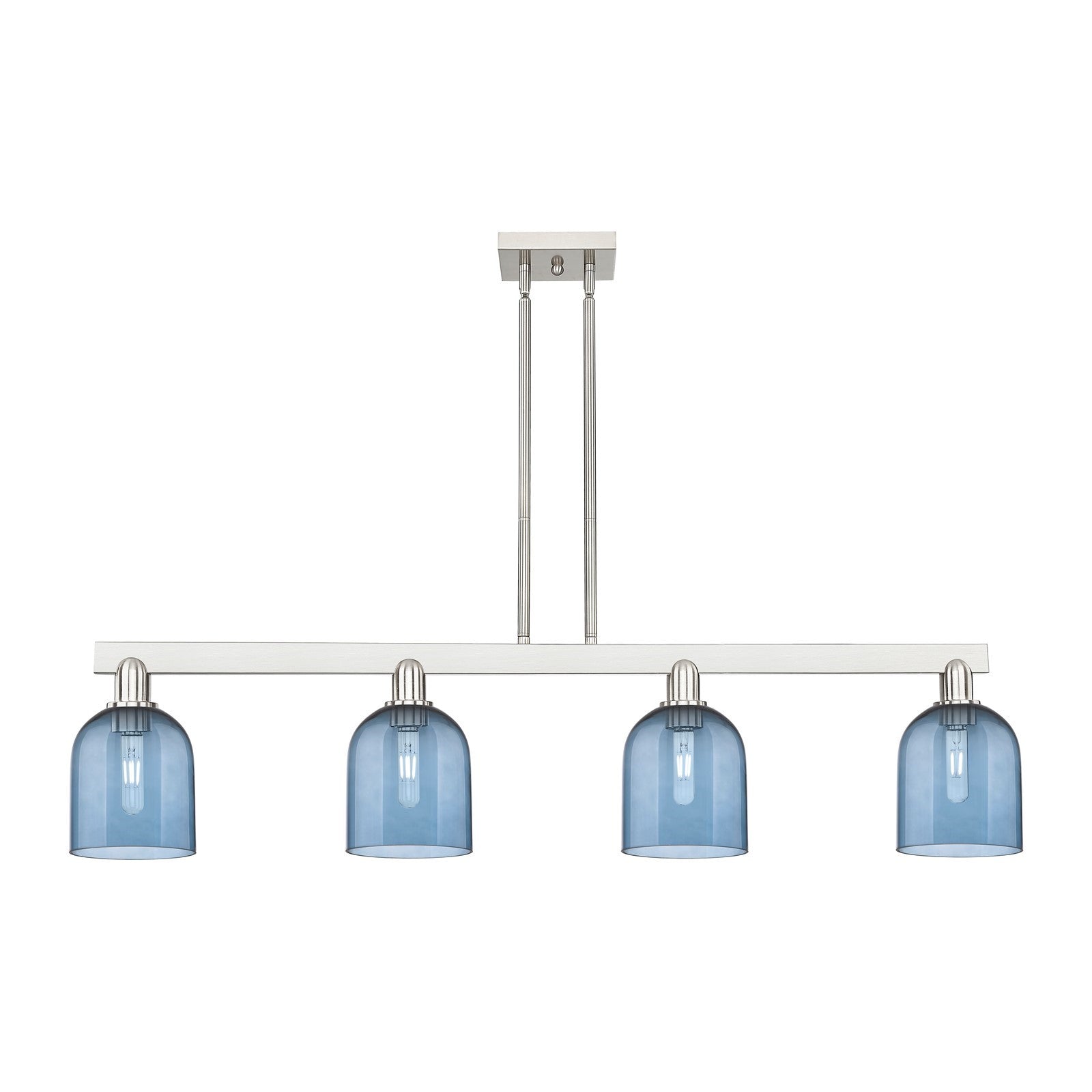 Innovations Bella 48in 4-Light Island Light | Industrial Brushed Satin Nickel and Blue Glass | Kitchen Island & Dining Room | Model 716-4I-SN-G558-6BL