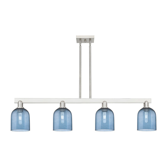 Innovations Bella 48in 4-Light Island Light | Industrial Brushed Satin Nickel and Blue Glass | Kitchen Island & Dining Room | Model 716-4I-SN-G558-6BL