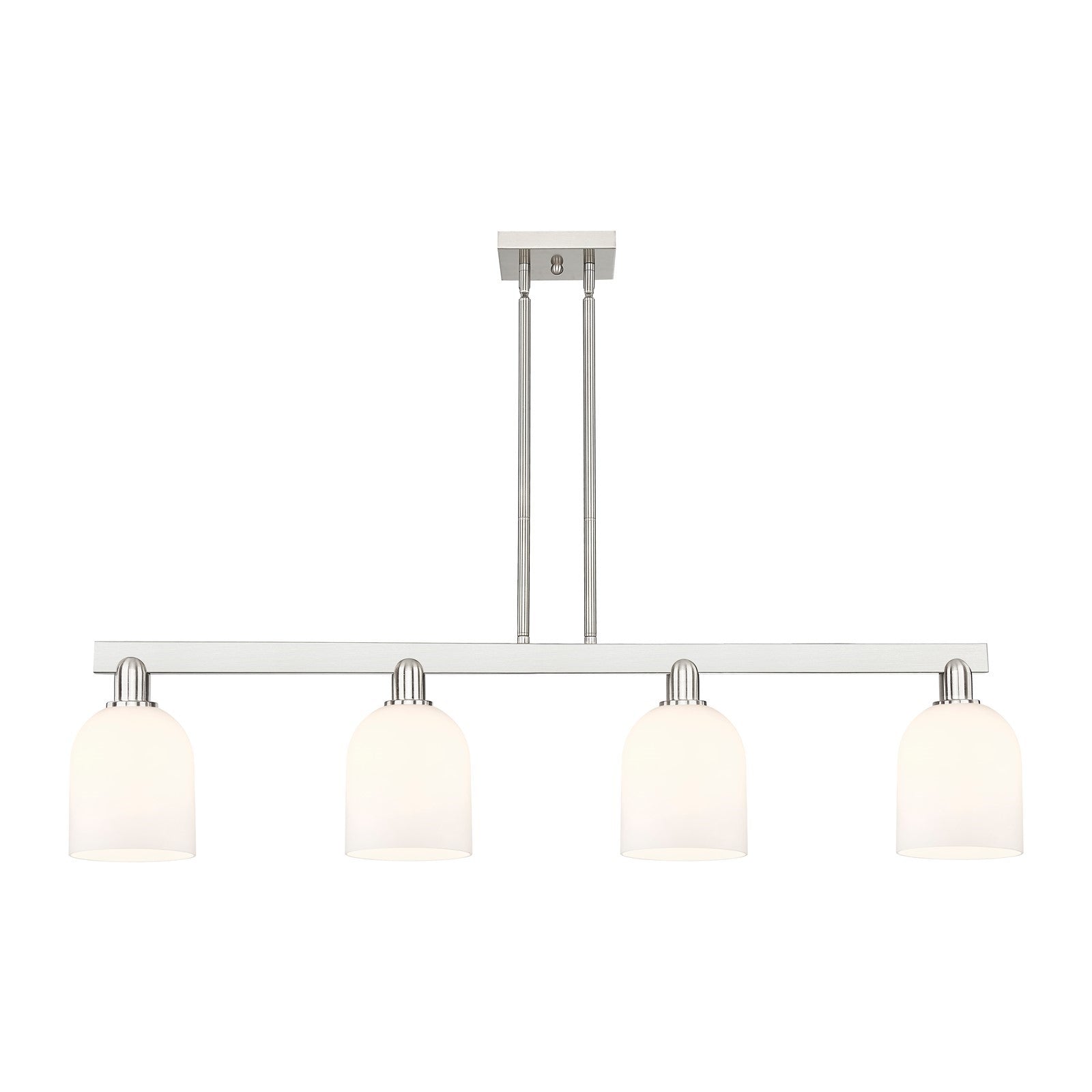 Innovations Bella 48in 4-Light Island Light | Industrial Brushed Satin Nickel Steel and White Glass | Kitchen Island & Dining | Model 716-4I-SN-G558-6GWH
