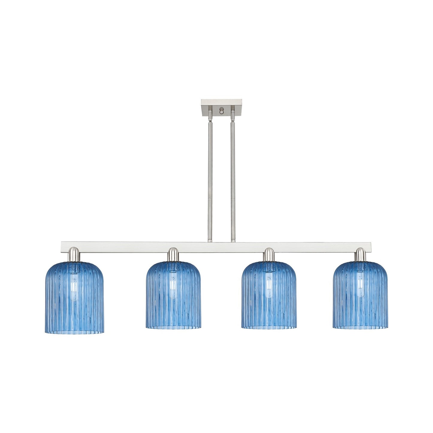 Innovations Bridal Veil 51in 4-Light Island Light | Industrial Brushed Satin Nickel and Princess Blue Ribbed Glass | Kitchen | Model 716-4I-SN-G559-8BL