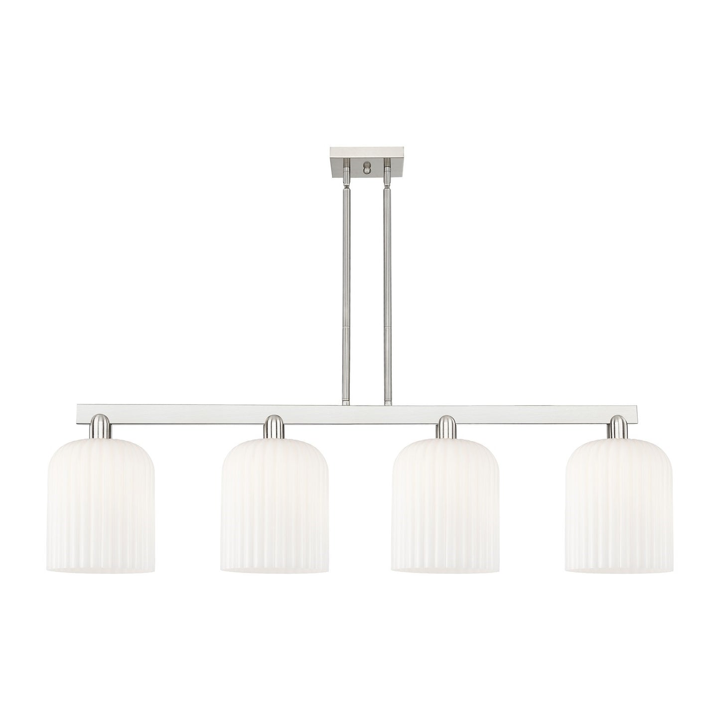 Innovations Bridal Veil 51in 4-Light Island Light | Industrial Brushed Satin Nickel and Gloss White Ribbed Glass | Kitchen | Model 716-4I-SN-G559-8GWH
