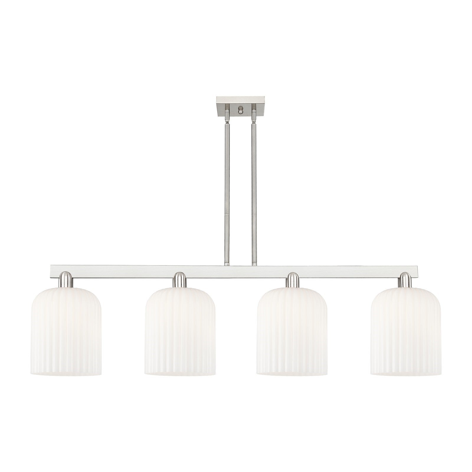 Innovations Bridal Veil 51in 4-Light Island Light | Industrial Brushed Satin Nickel and Gloss White Ribbed Glass | Kitchen | Model 716-4I-SN-G559-8GWH