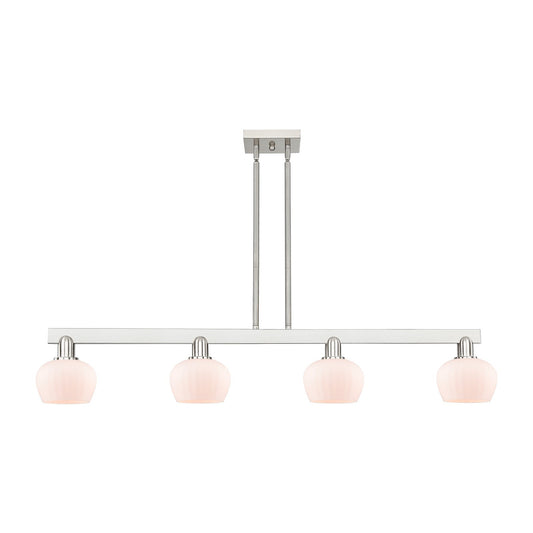 Innovations Fenton 49in 4-Light Island Light | Industrial Brushed Satin Nickel Steel and Matte White Ribbed Glass | Kitchen Island & | Model 716-4I-SN-G91